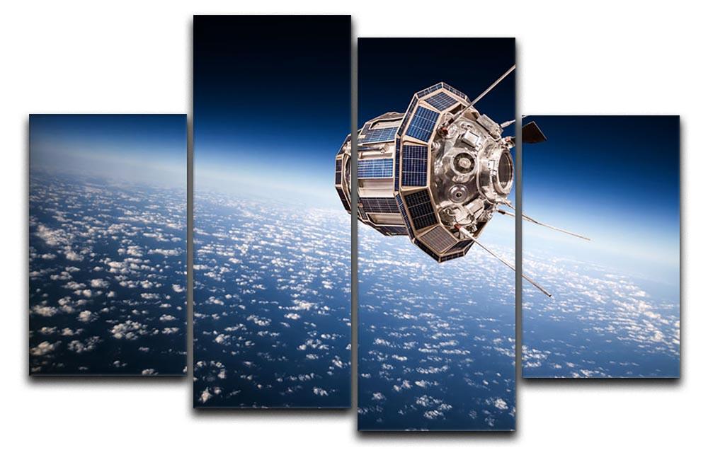 A 4-panel canvas artwork depicting a satellite orbiting the Earth, showcasing vibrant colors and intricate details.