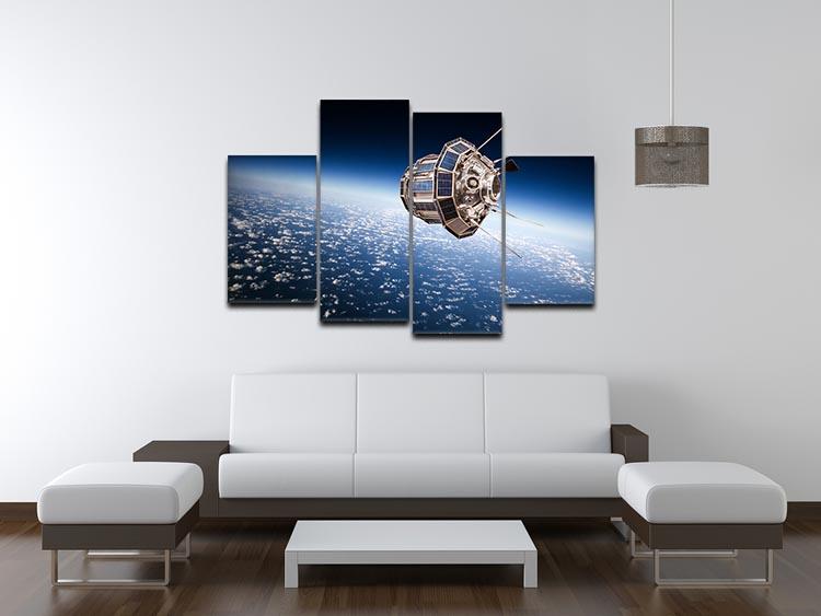 A 4-panel canvas artwork depicting a satellite orbiting the Earth, showcasing vibrant colors and intricate details.