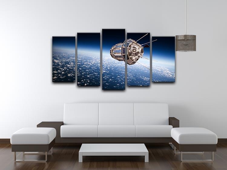 A stunning 5-panel canvas artwork depicting a space satellite orbiting the Earth, showcasing vibrant colors and intricate details.