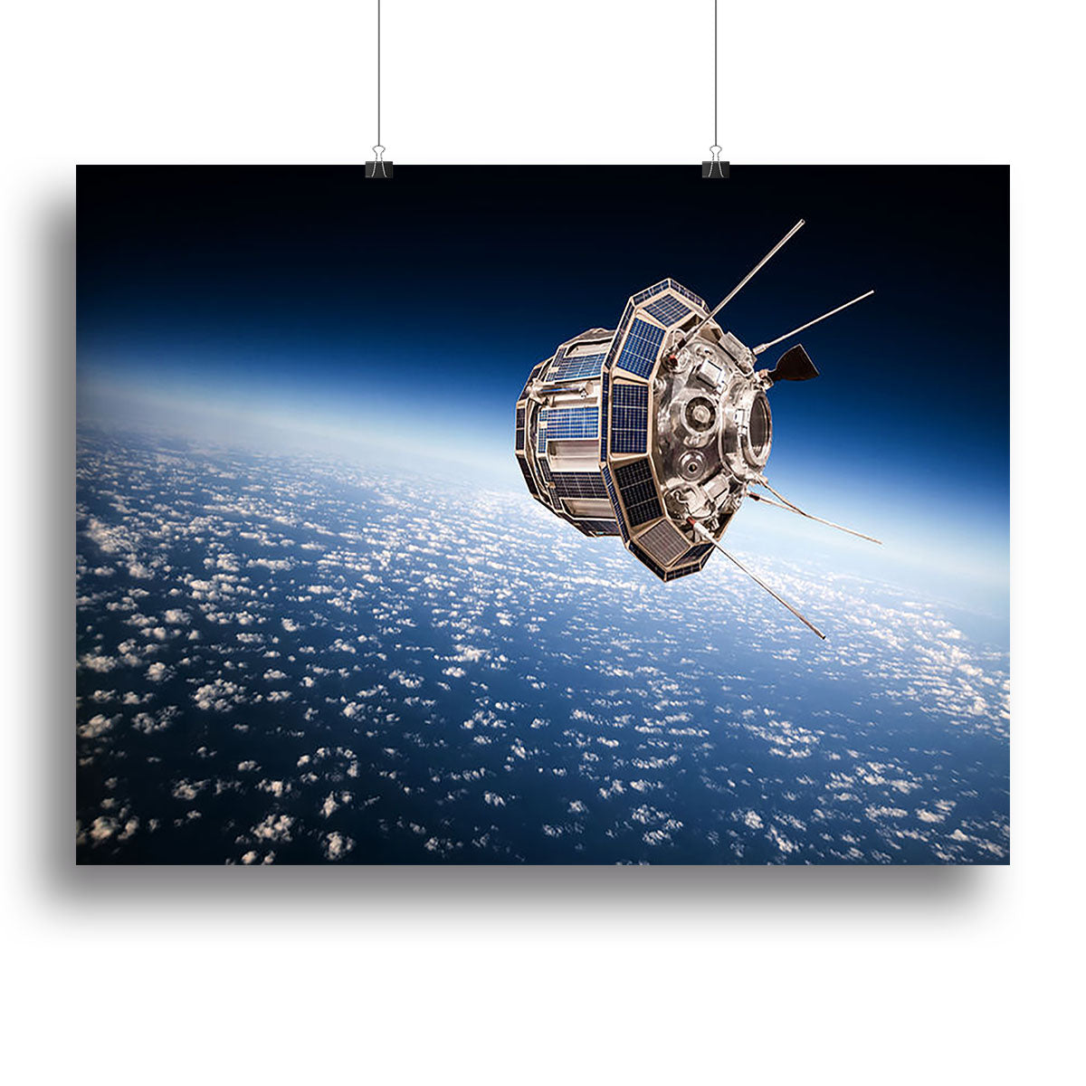 A beautiful canvas print of a space satellite orbiting Earth, showcasing vibrant colors and intricate details, perfect for home or office decor.