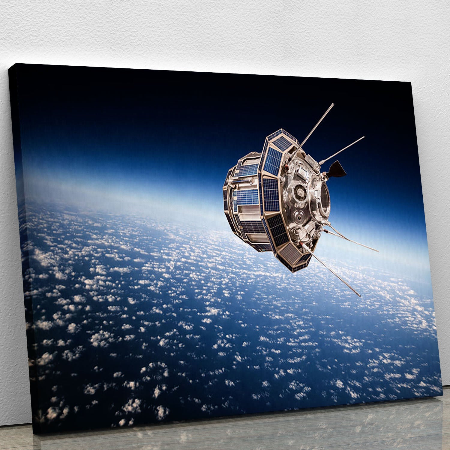 A beautiful canvas print of a space satellite orbiting Earth, showcasing vibrant colors and intricate details, perfect for home or office decor.