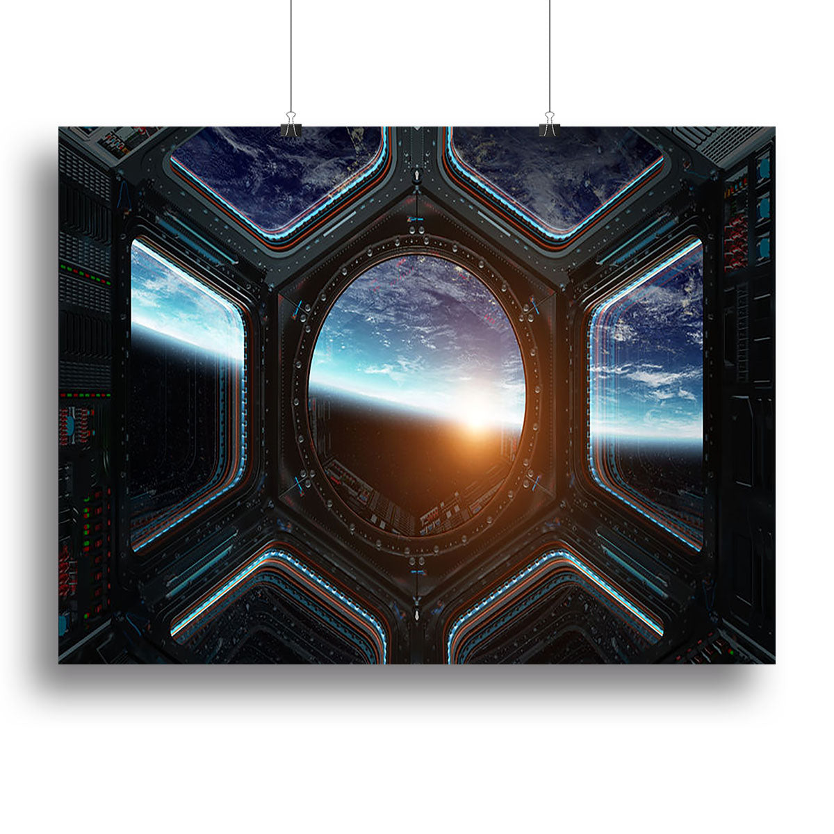 A stunning canvas print of a space ship window, showcasing a vibrant cosmic scene with stars and planets.