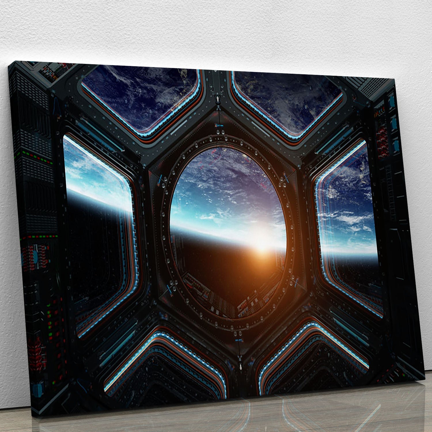 A stunning canvas print of a space ship window, showcasing a vibrant cosmic scene with stars and planets.