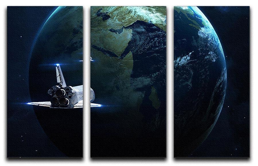 A stunning 3-panel canvas print featuring a space shuttle flying back to Earth, showcasing vibrant colors and intricate details.
