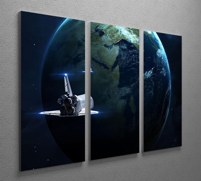 A stunning 3-panel canvas print featuring a space shuttle flying back to Earth, showcasing vibrant colors and intricate details.