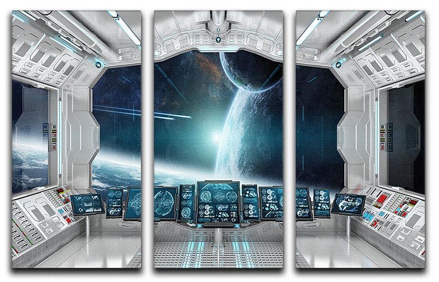 A stunning 3-panel canvas print featuring a spaceship control center, showcasing vibrant colors and intricate details, perfect for modern decor.