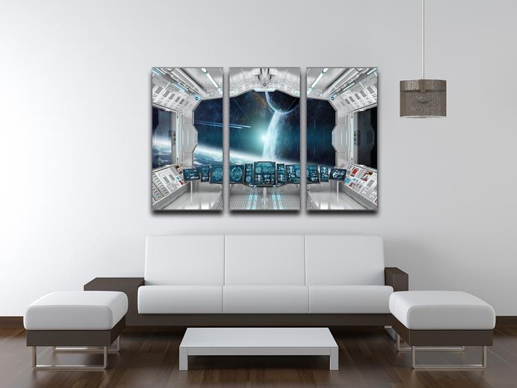 A stunning 3-panel canvas print featuring a spaceship control center, showcasing vibrant colors and intricate details, perfect for modern decor.