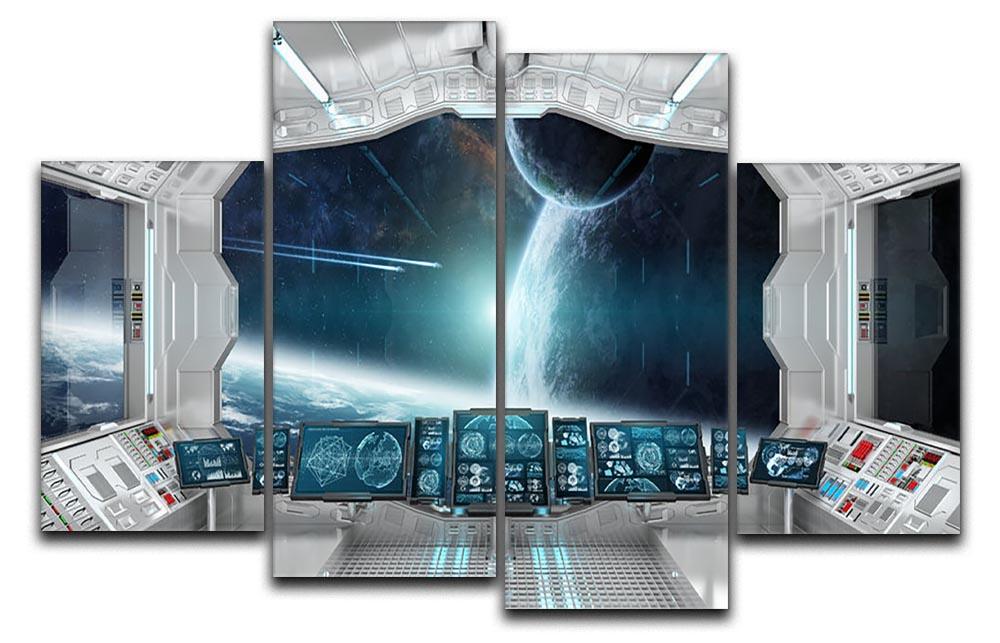 A stunning 4-split canvas artwork featuring a futuristic spaceship control center, showcasing vibrant colors and intricate details across four panels.