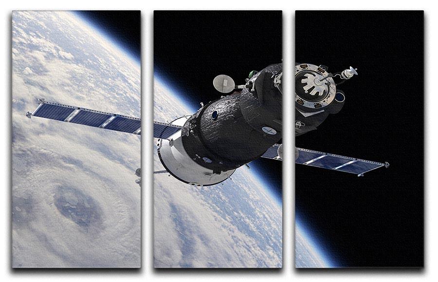 Three-panel canvas print featuring the Soyuz TMA spaceship in Earth orbit, showcasing vibrant colors and detailed imagery.