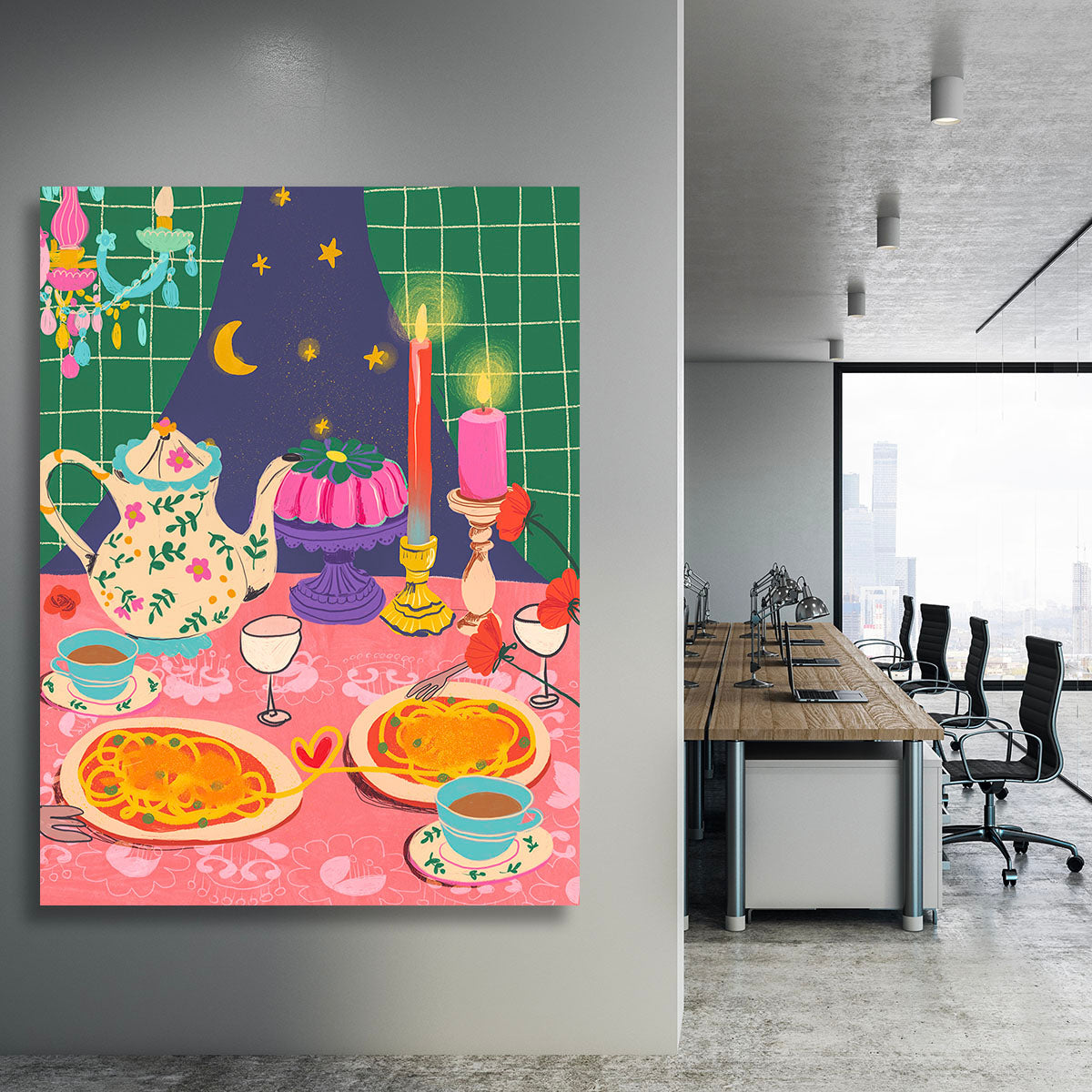 Spaghetti Date Canvas Print featuring a romantic dinner scene with vibrant colors and intricate details.