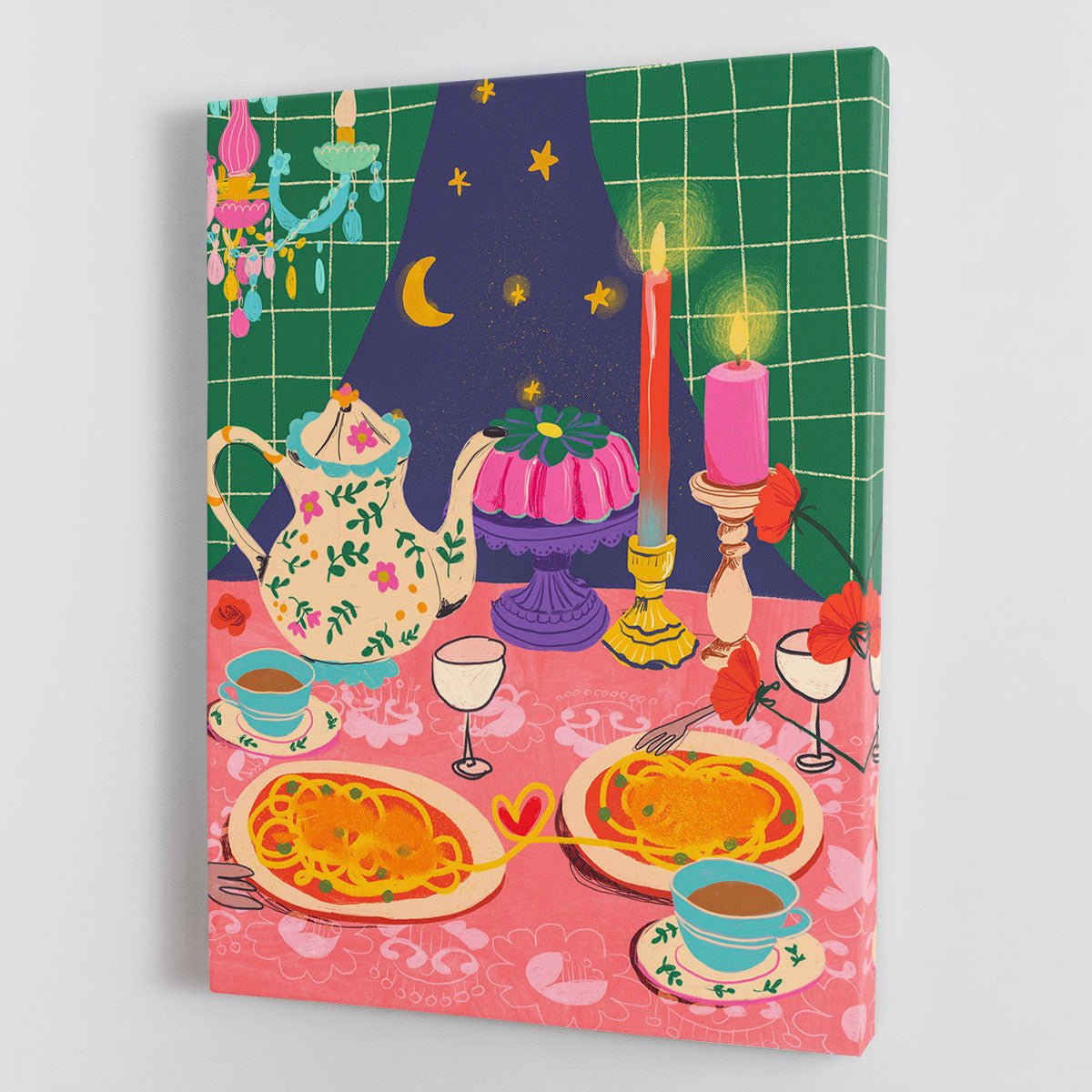 Spaghetti Date Canvas Print featuring a romantic dinner scene with vibrant colors and intricate details.