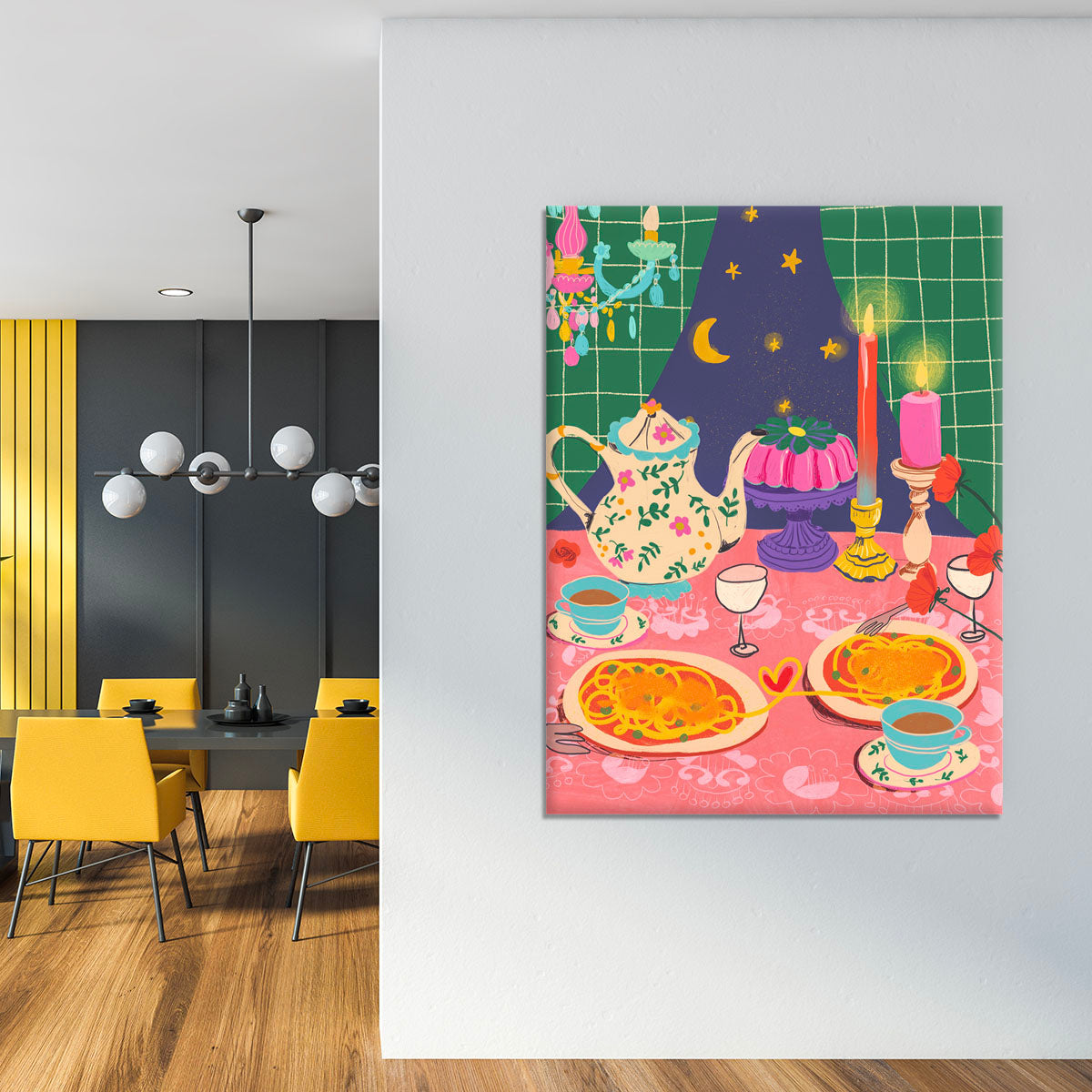 Spaghetti Date Canvas Print featuring a romantic dinner scene with vibrant colors and intricate details.