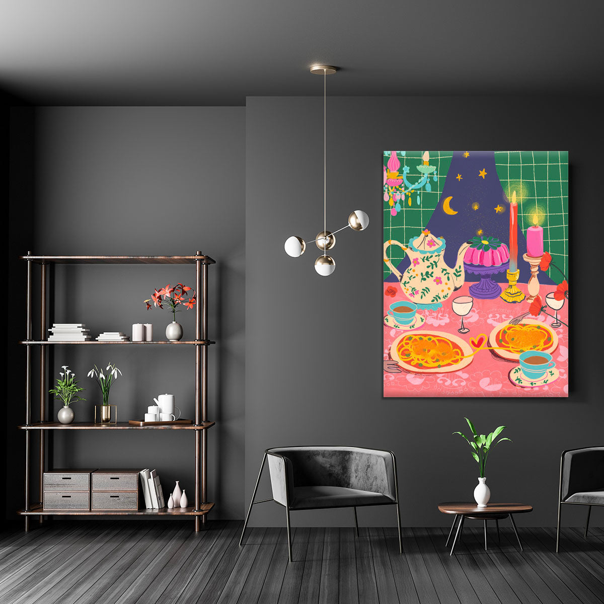 Spaghetti Date Canvas Print featuring a romantic dinner scene with vibrant colors and intricate details.