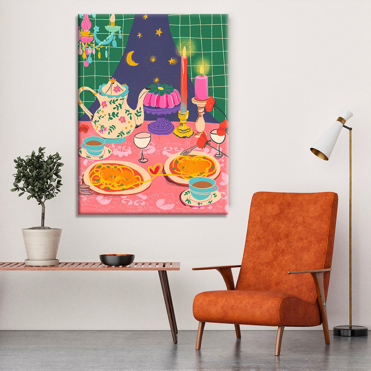 Spaghetti Date Canvas Print featuring a romantic dinner scene with vibrant colors and intricate details.