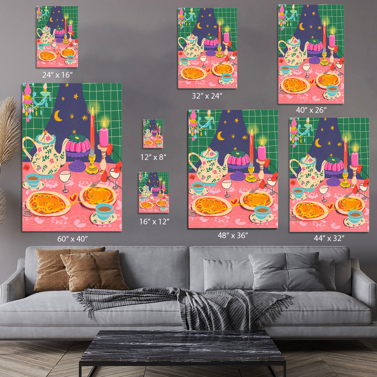 Spaghetti Date Canvas Print featuring a romantic dinner scene with vibrant colors and intricate details.