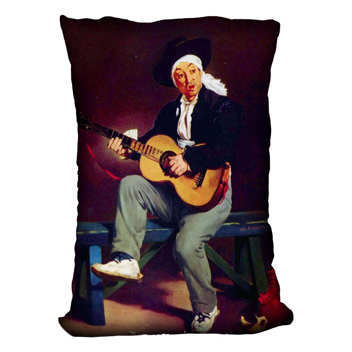 Spanish singer by Manet cushion featuring vibrant abstract designs on luxurious vegan faux suede, perfect for home decor.