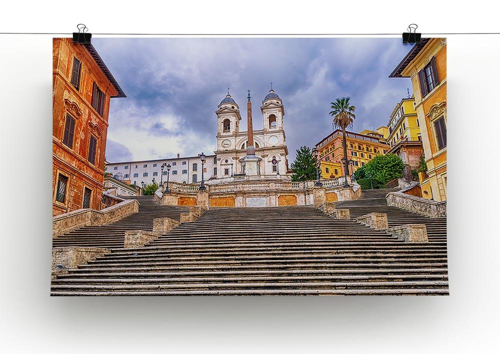 Canvas print of the Spanish Steps and Trinita dei Monti church, showcasing vibrant colors and intricate details, perfect for home decor.