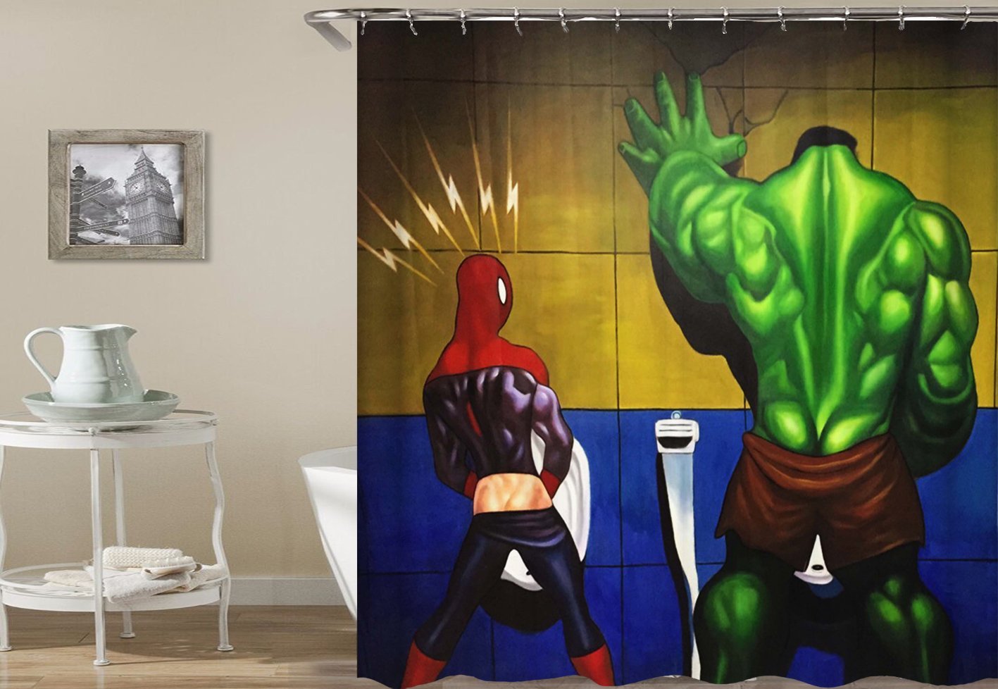 Shower curtain with superheroes urinating.