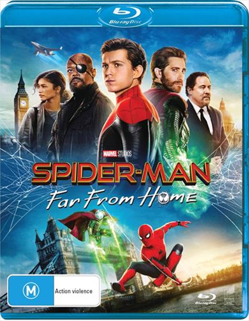 Spider-Man - Far From Home Blu-ray cover featuring Peter Parker and Mysterio in an action scene.