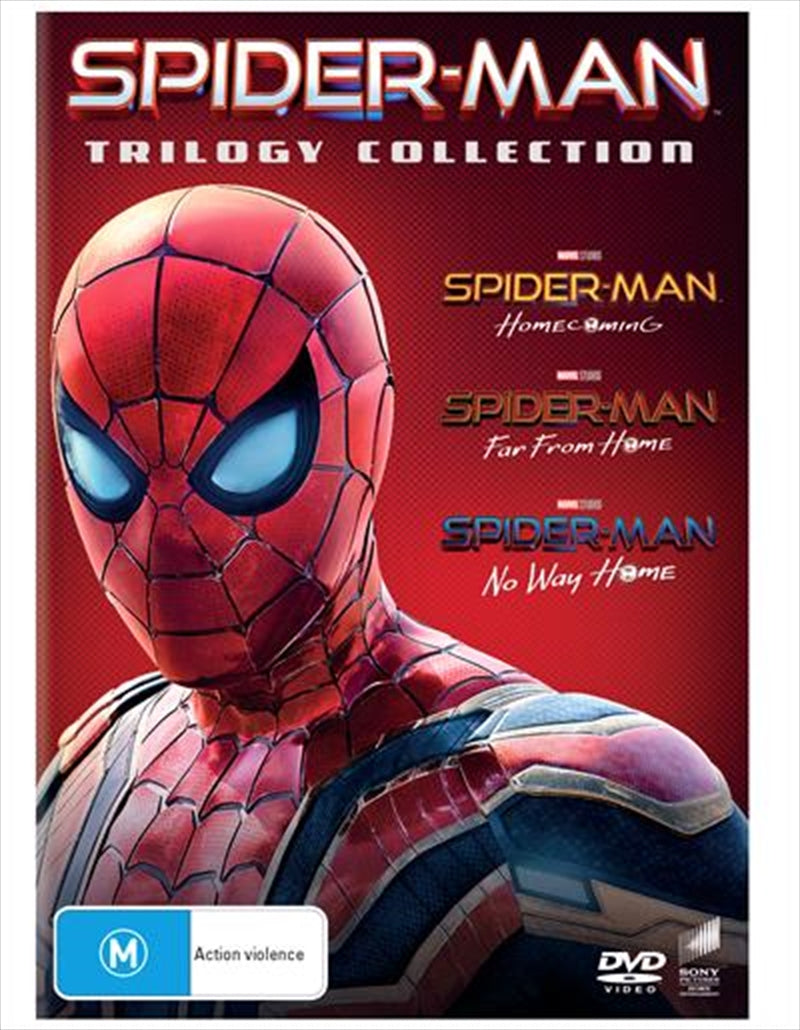 Spider-Man trilogy DVD set featuring Homecoming, Far From Home, and No Way Home with vibrant cover art.