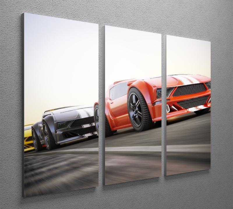 Sport Cars Racing 3 Split Panel Canvas Print showcasing vibrant racing cars in a dynamic design, perfect for enhancing any room's decor.