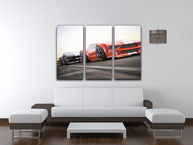 Sport Cars Racing 3 Split Panel Canvas Print showcasing vibrant racing cars in a dynamic design, perfect for enhancing any room's decor.
