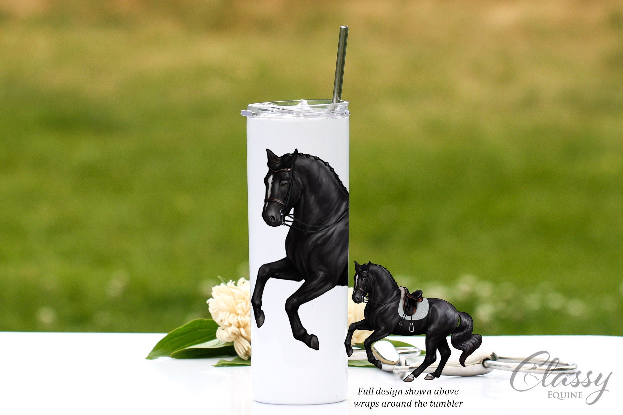 Sport Horse Tumbler featuring a black dressage horse performing a pirouette, designed for hot and cold beverages.