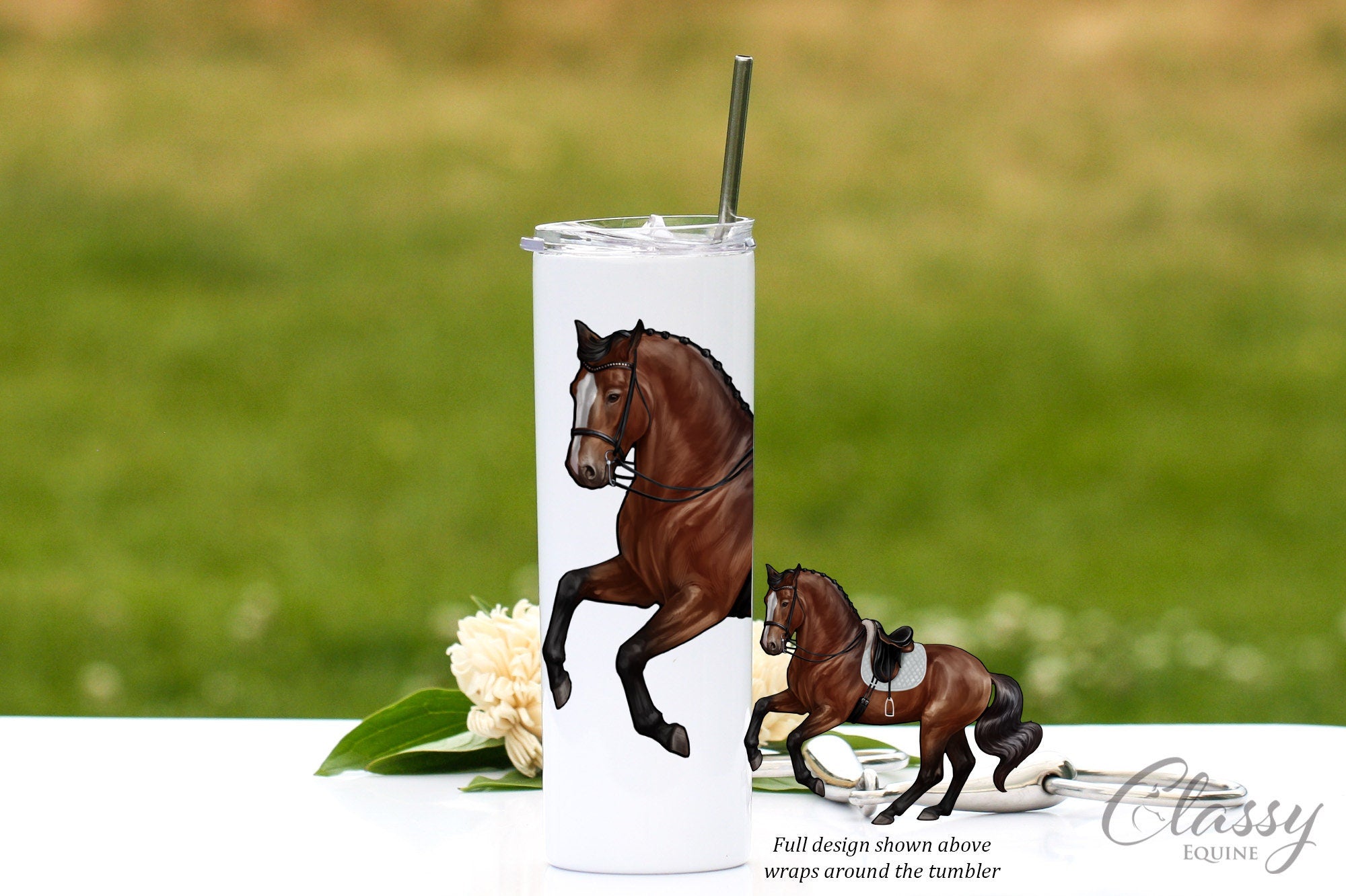 Sport Horse Tumbler featuring a black dressage horse performing a pirouette, designed for hot and cold beverages.