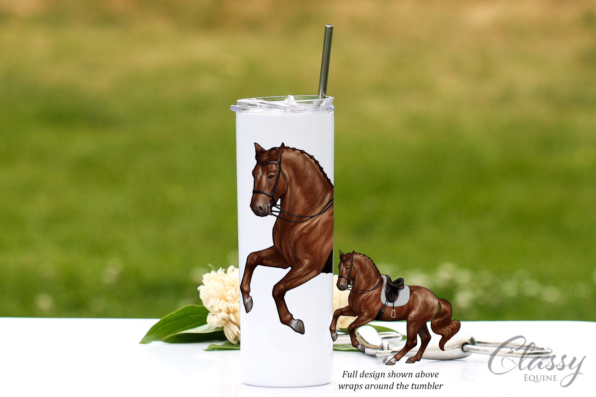 Sport Horse Tumbler featuring a black dressage horse performing a pirouette, designed for hot and cold beverages.