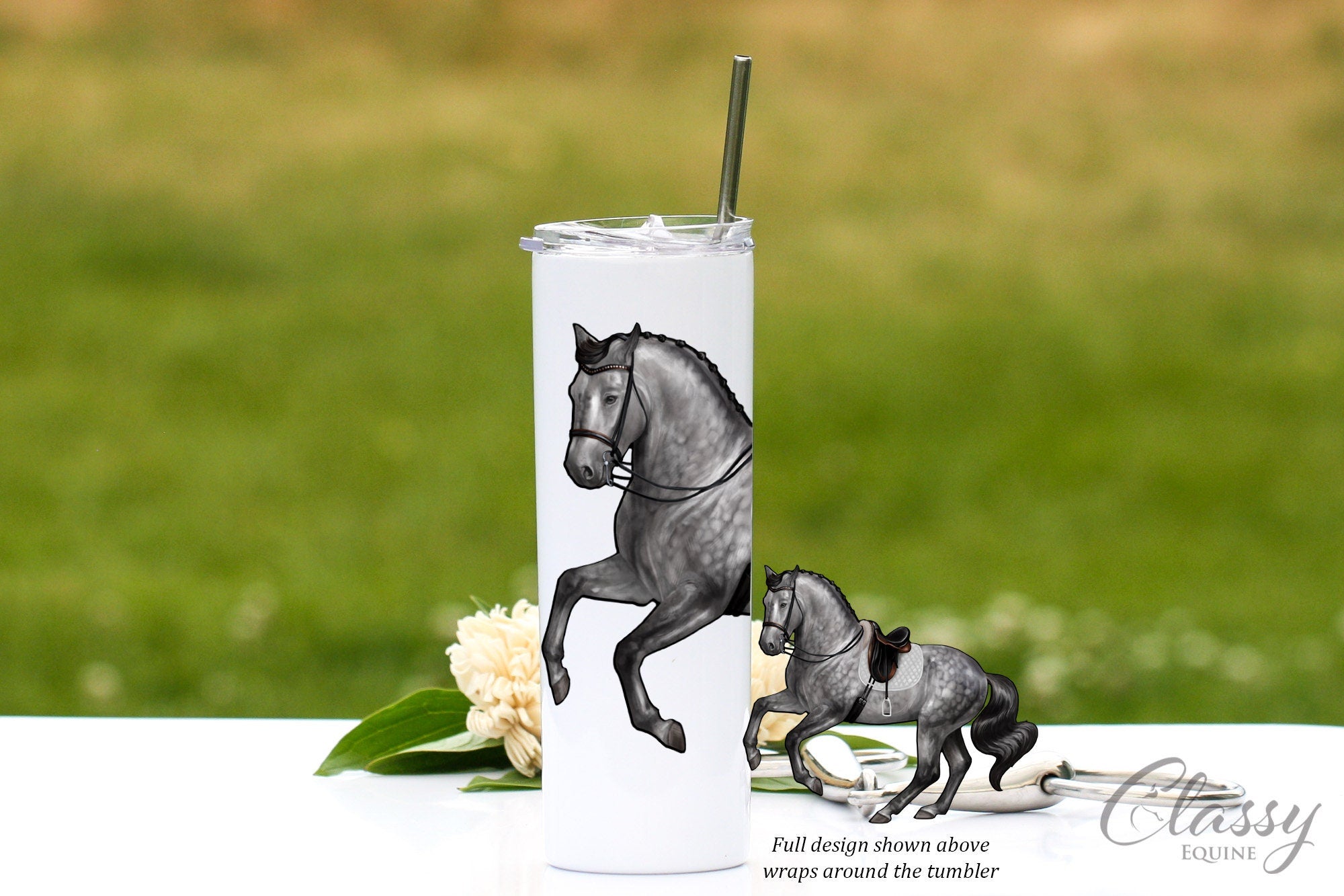 Sport Horse Tumbler featuring a black dressage horse performing a pirouette, designed for hot and cold beverages.