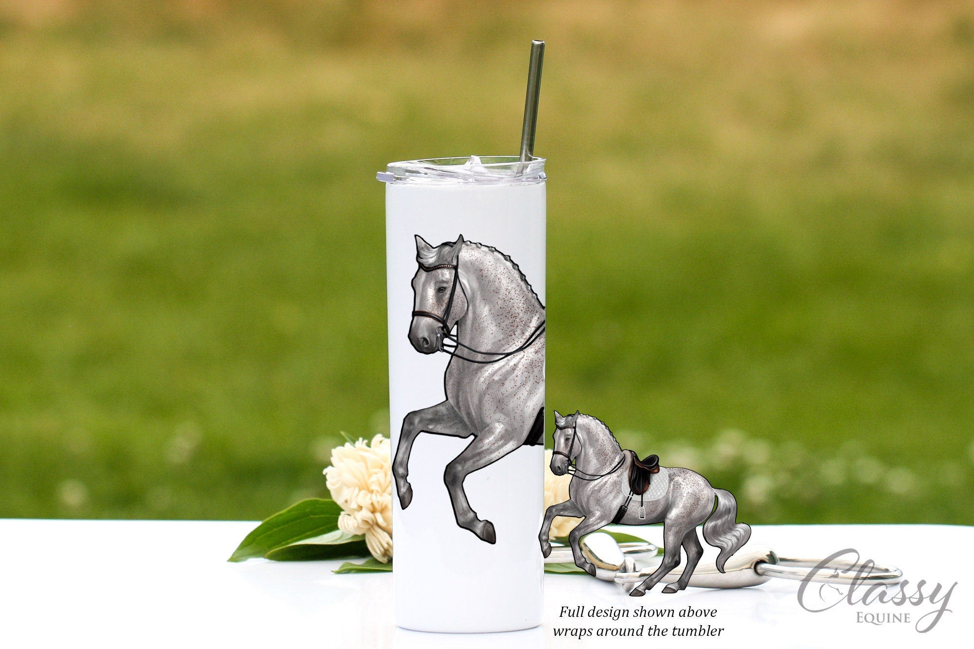 Sport Horse Tumbler featuring a black dressage horse performing a pirouette, designed for hot and cold beverages.