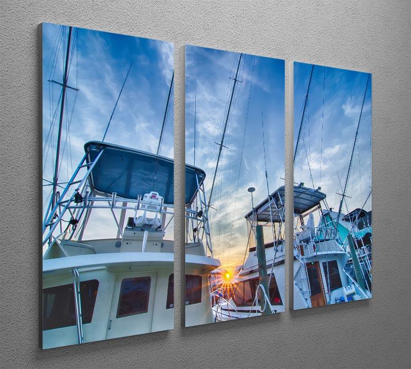 A beautiful 3-panel canvas print depicting sportfishing boats at a marina during early morning, showcasing vibrant colors and serene water reflections.