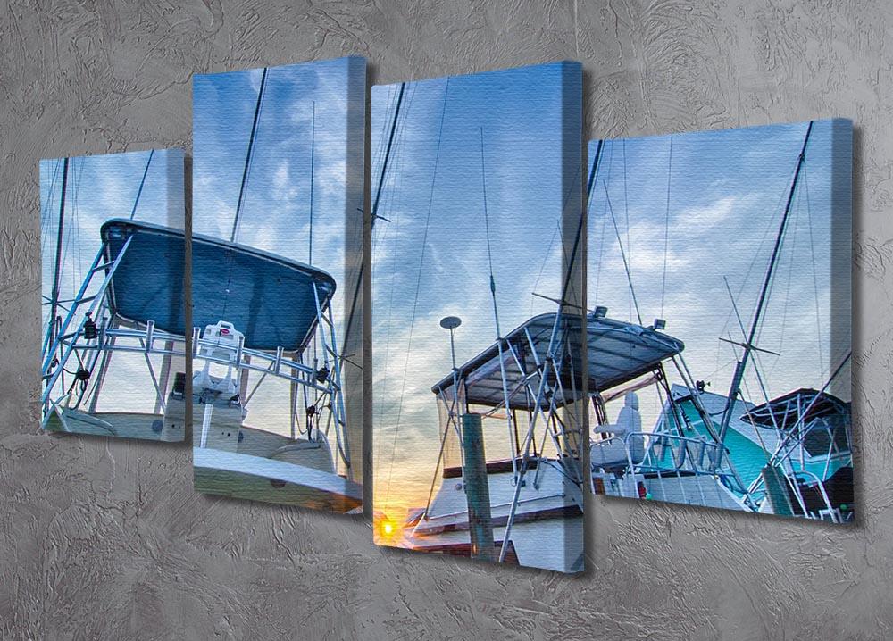 A beautiful 4-split canvas artwork depicting sportfishing boats at sunrise, showcasing vibrant colors and dynamic composition.