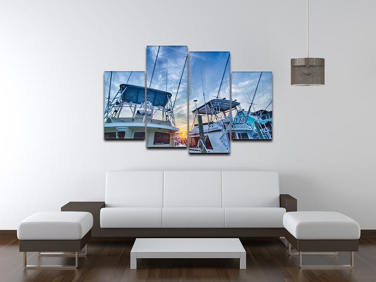 A beautiful 4-split canvas artwork depicting sportfishing boats at sunrise, showcasing vibrant colors and dynamic composition.