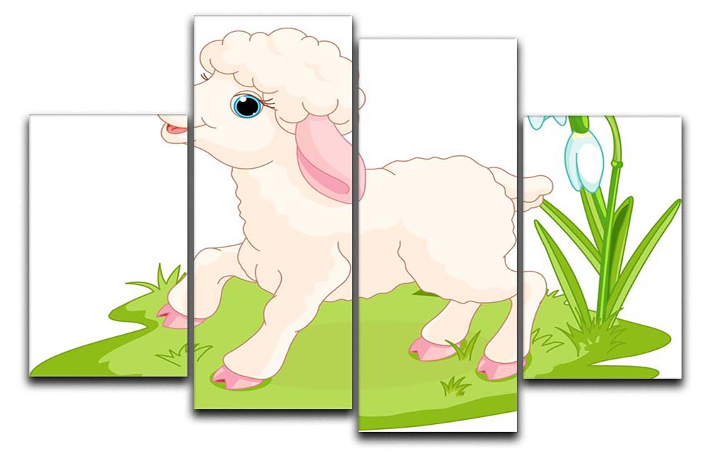 A vibrant 4 split panel canvas featuring a spring background with an Easter lamb surrounded by colorful flowers, perfect for seasonal decor.