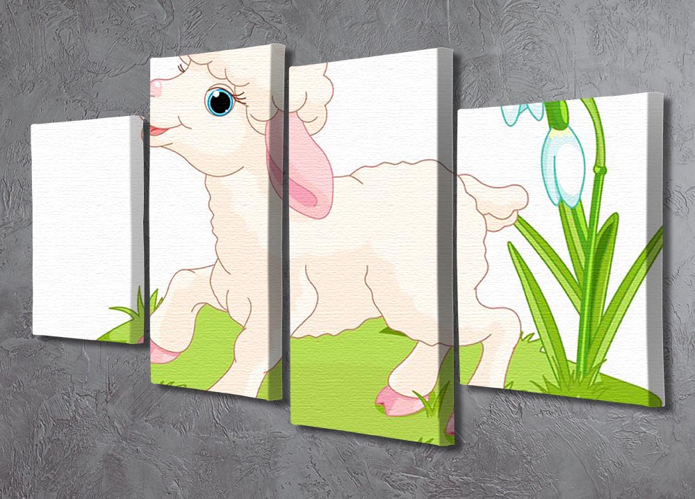 A vibrant 4 split panel canvas featuring a spring background with an Easter lamb surrounded by colorful flowers, perfect for seasonal decor.