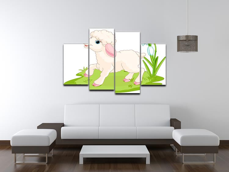 A vibrant 4 split panel canvas featuring a spring background with an Easter lamb surrounded by colorful flowers, perfect for seasonal decor.