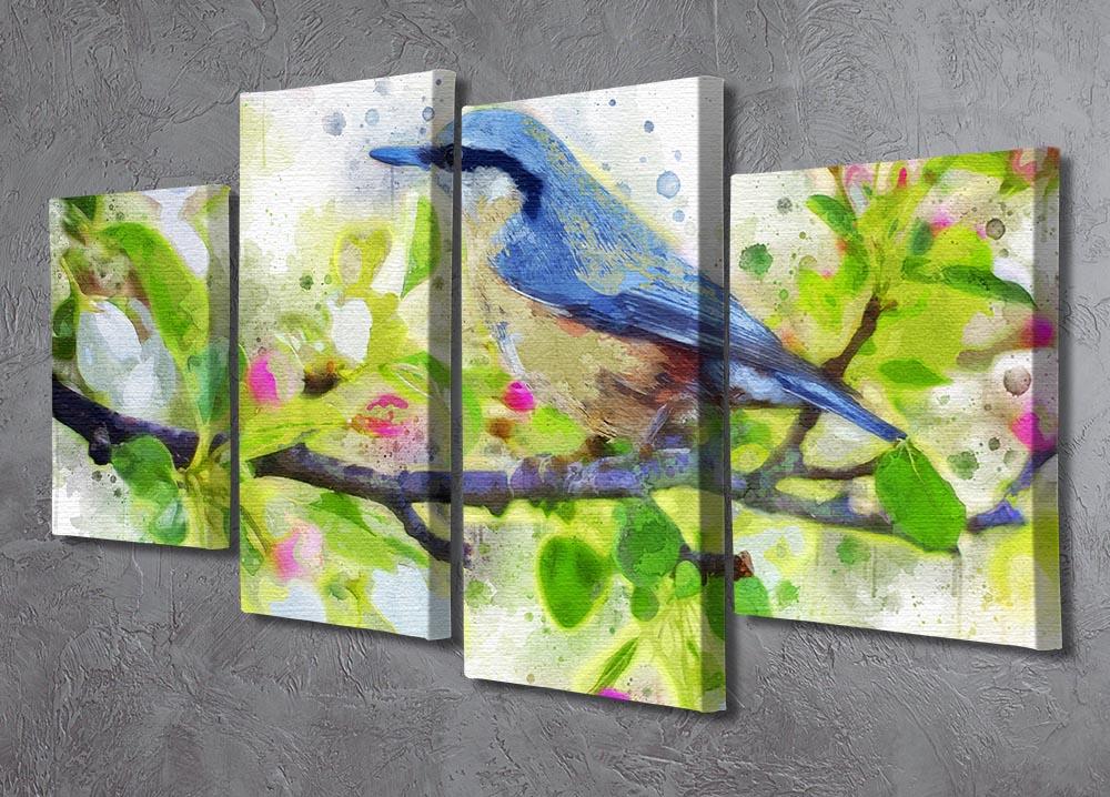 A vibrant 4-split canvas artwork featuring colorful birds, creating a dynamic and multi-dimensional visual effect.