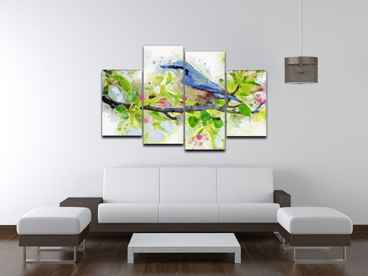 A vibrant 4-split canvas artwork featuring colorful birds, creating a dynamic and multi-dimensional visual effect.