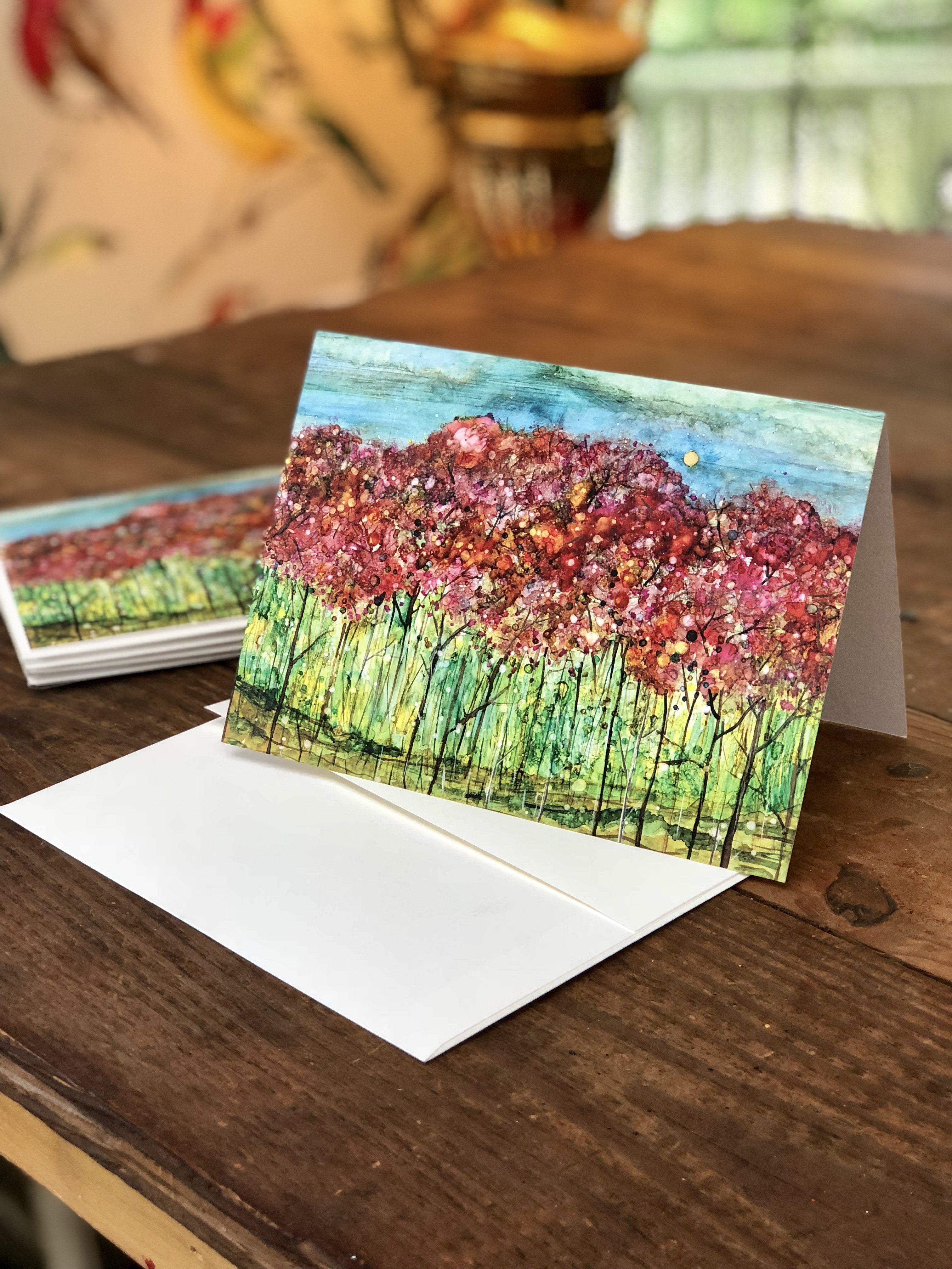 A beautiful Spring Forest greeting card featuring a dreamy landscape design, perfect for sending heartfelt messages.