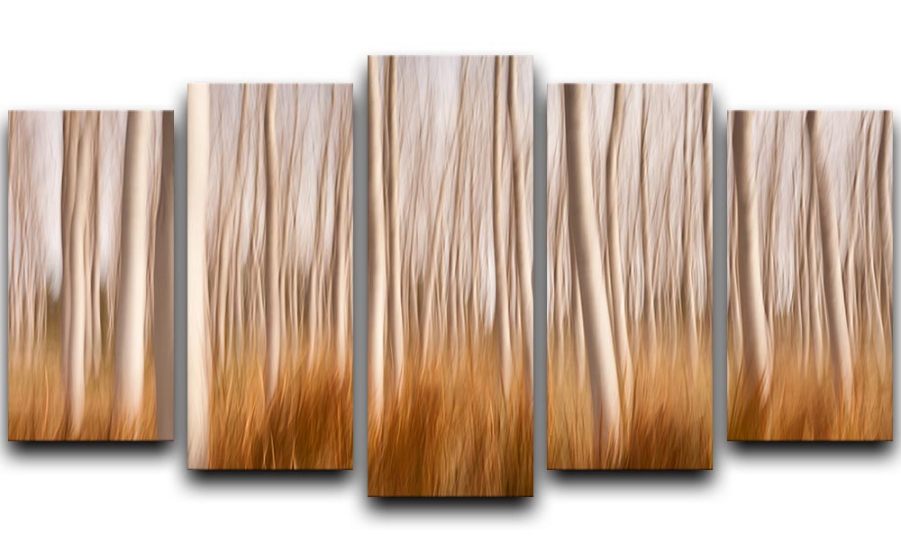 A vibrant 5-split panel canvas artwork depicting a spring landscape with poplar trees, creating a dynamic and engaging visual display.