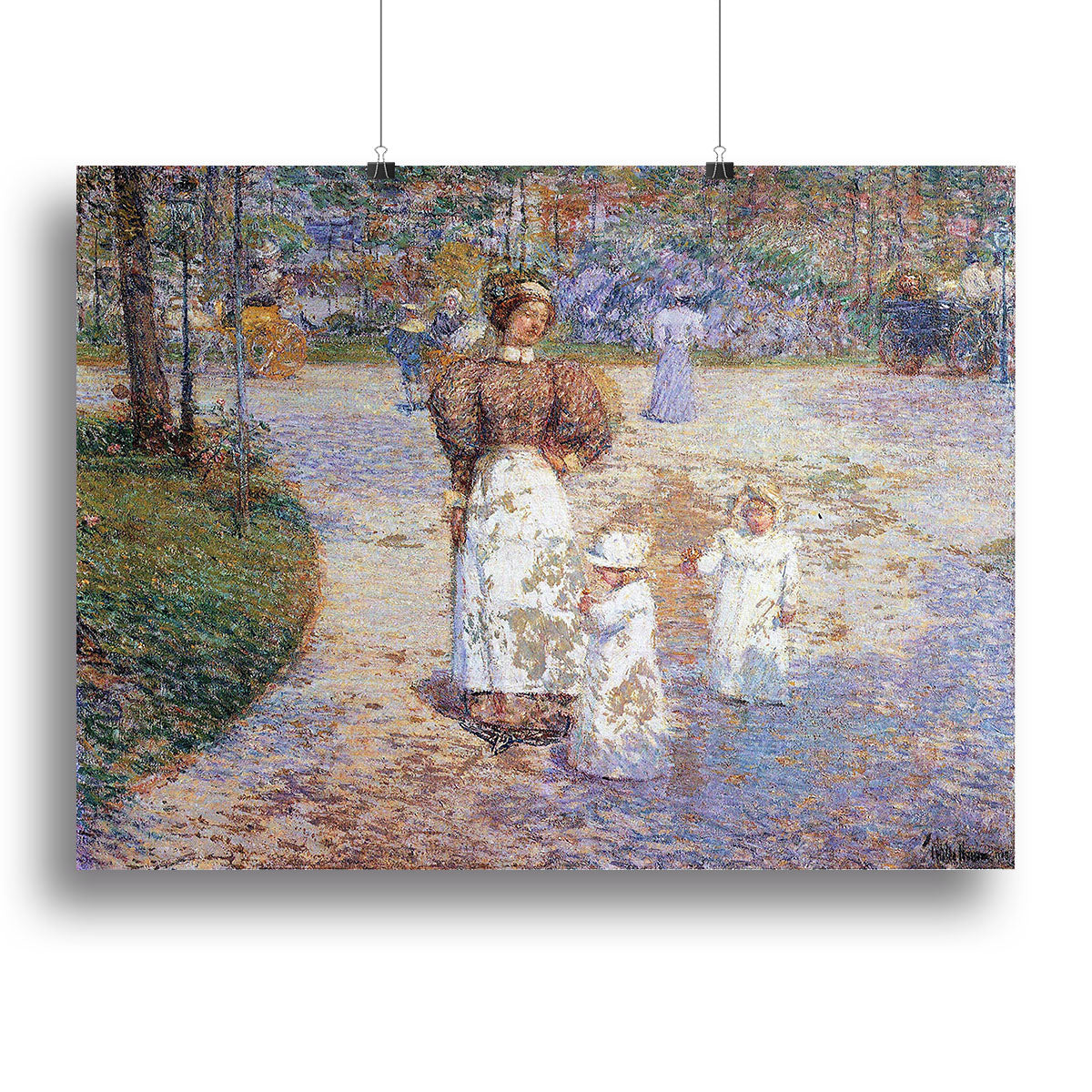 A vibrant canvas print or poster of Spring in Central Park by Hassam, showcasing blooming flowers and lush greenery.