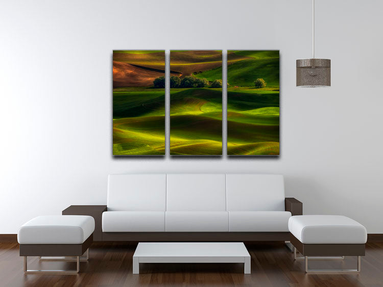 A beautiful 3-panel canvas print depicting the vibrant Spring In The Palouse landscape, showcasing lush greenery and rolling hills.