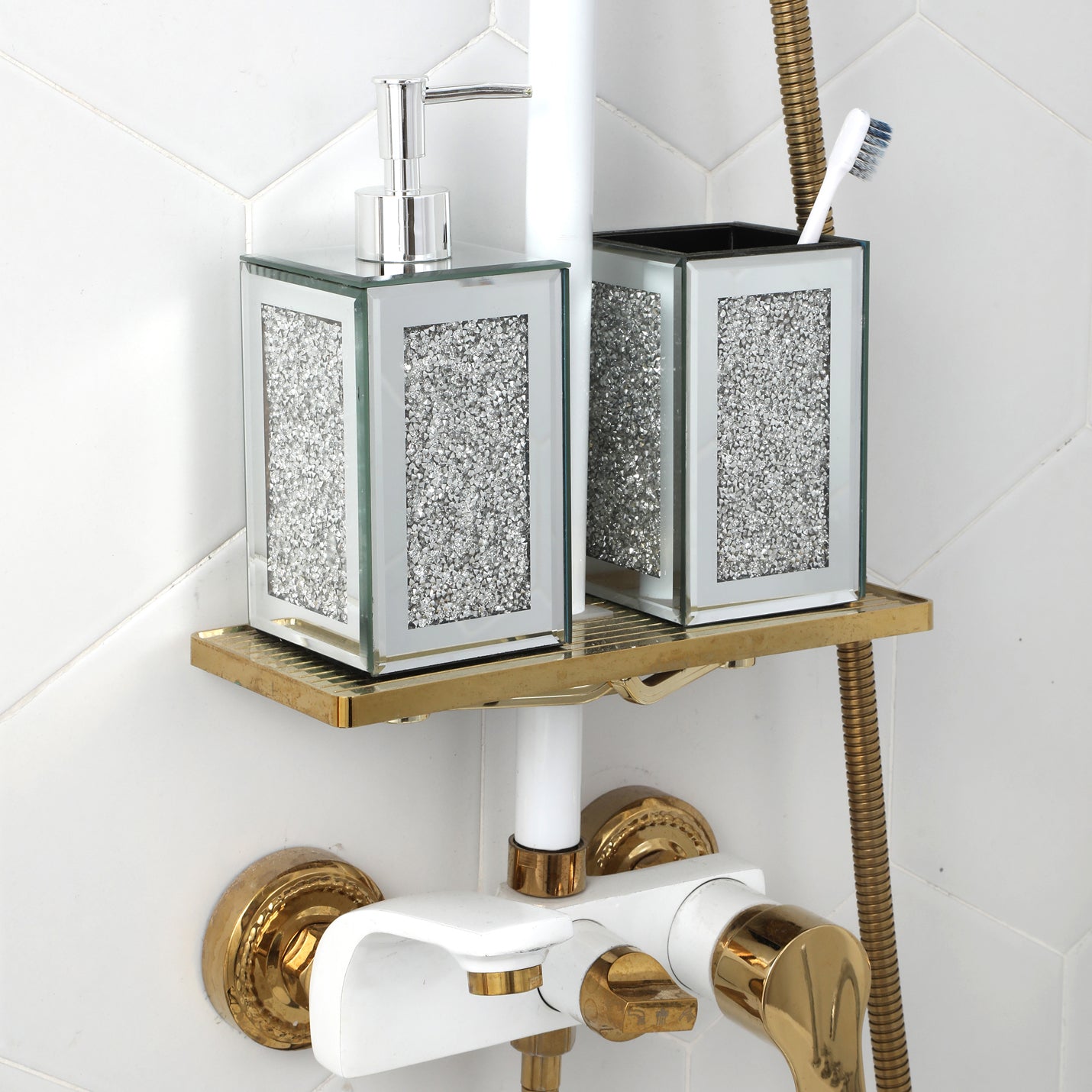 Square soap dispenser and toothbrush holder set in silver with crushed diamond glass and chrome accents, elegantly packaged in a gift box.