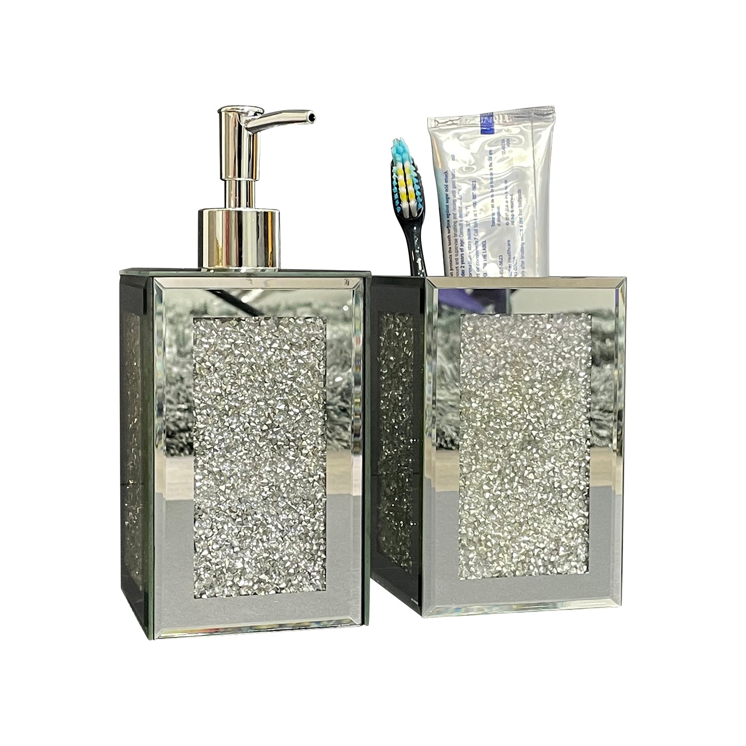 Square soap dispenser and toothbrush holder set in silver with crushed diamond glass and chrome accents, elegantly packaged in a gift box.