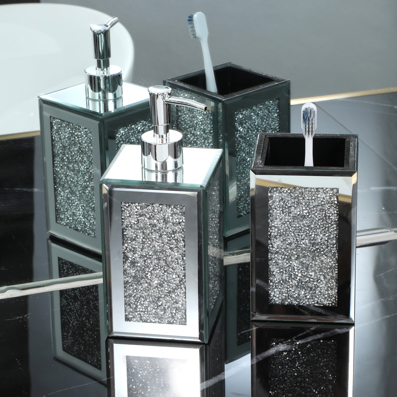 Square soap dispenser and toothbrush holder set in silver with crushed diamond glass and chrome accents, elegantly packaged in a gift box.