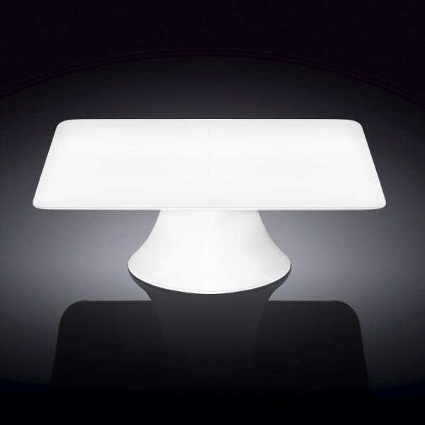 Elegant 12-inch square white porcelain cake stand, perfect for displaying cakes and desserts.