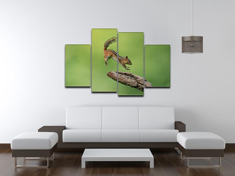 A vibrant 4-split canvas artwork featuring a leaping squirrel, showcasing dynamic movement and nature-inspired design.