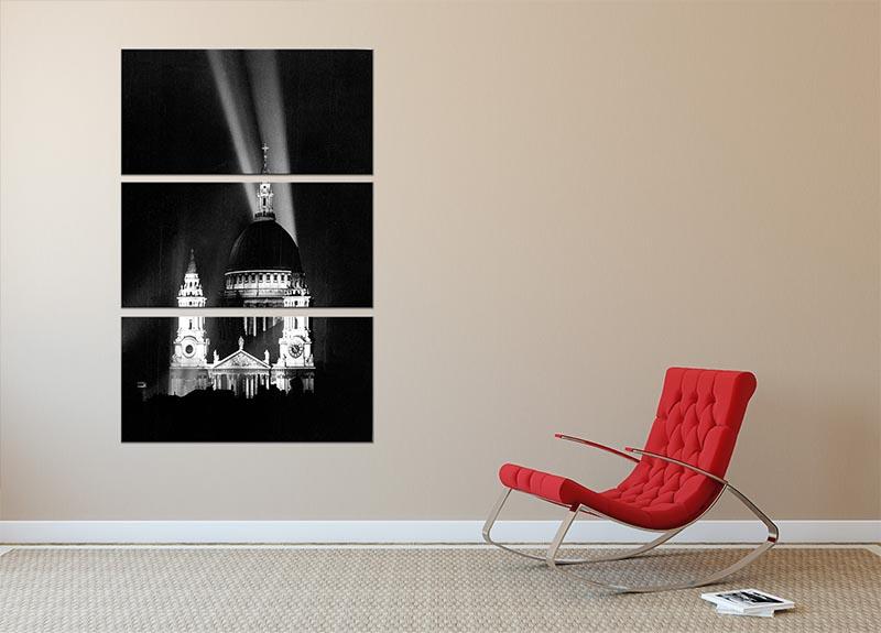 St Pauls floodlight on VE Day depicted in a stunning 3-panel canvas print, showcasing vibrant colors and intricate details.