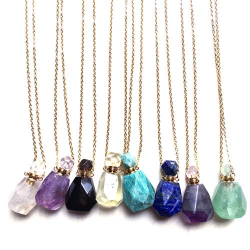 Stainless Steel Gemstone Natural Healing Stones Essential Oil Perfume Bottle Pendant Necklace with unique gemstones and elegant design.